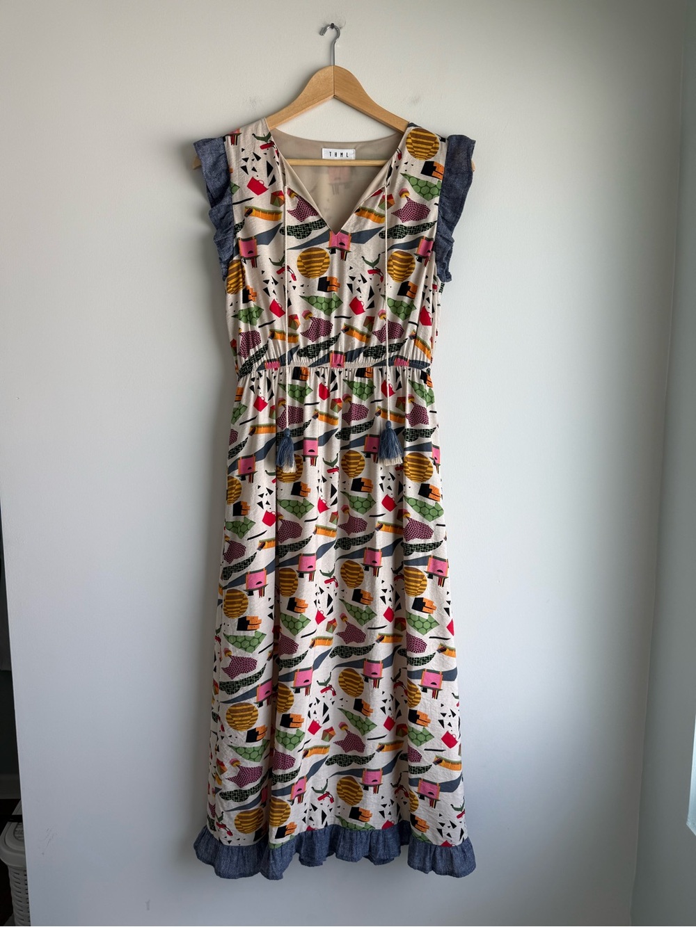 THML Abstract Print Ruffle Tassel Maxi Dress Medium